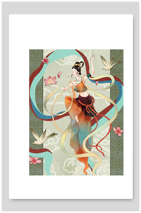 彩色渐变高端大气清新敦煌壁画插画