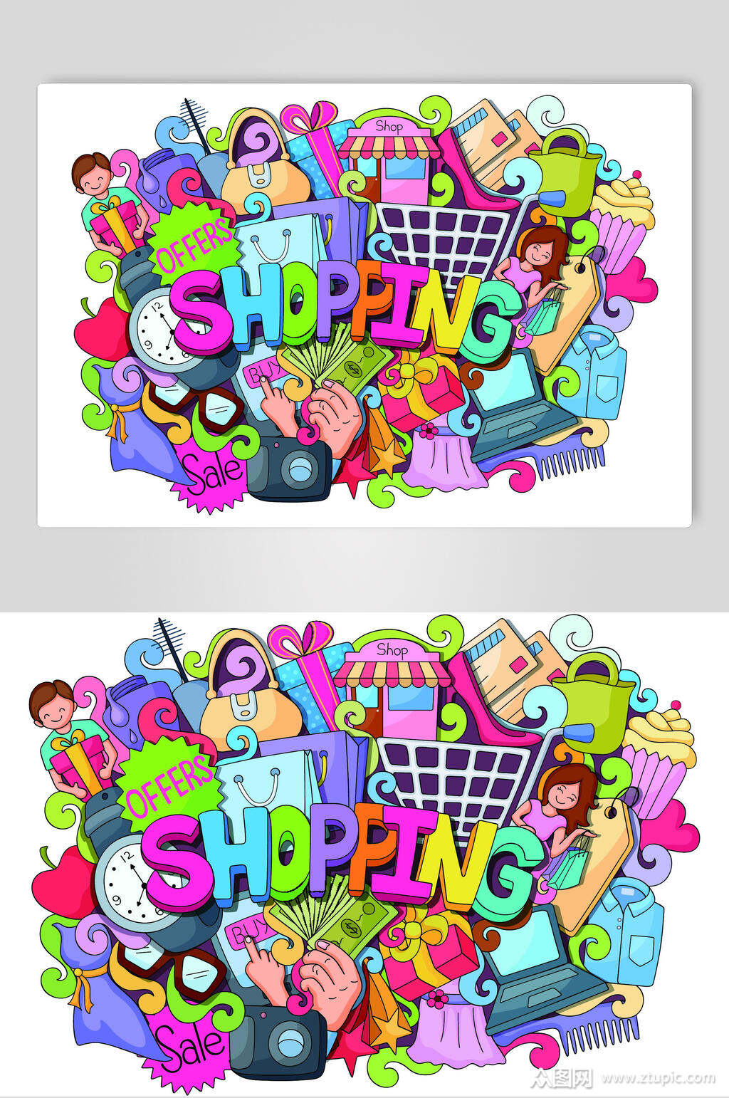 卡通购物涂鸦英文矢量素材