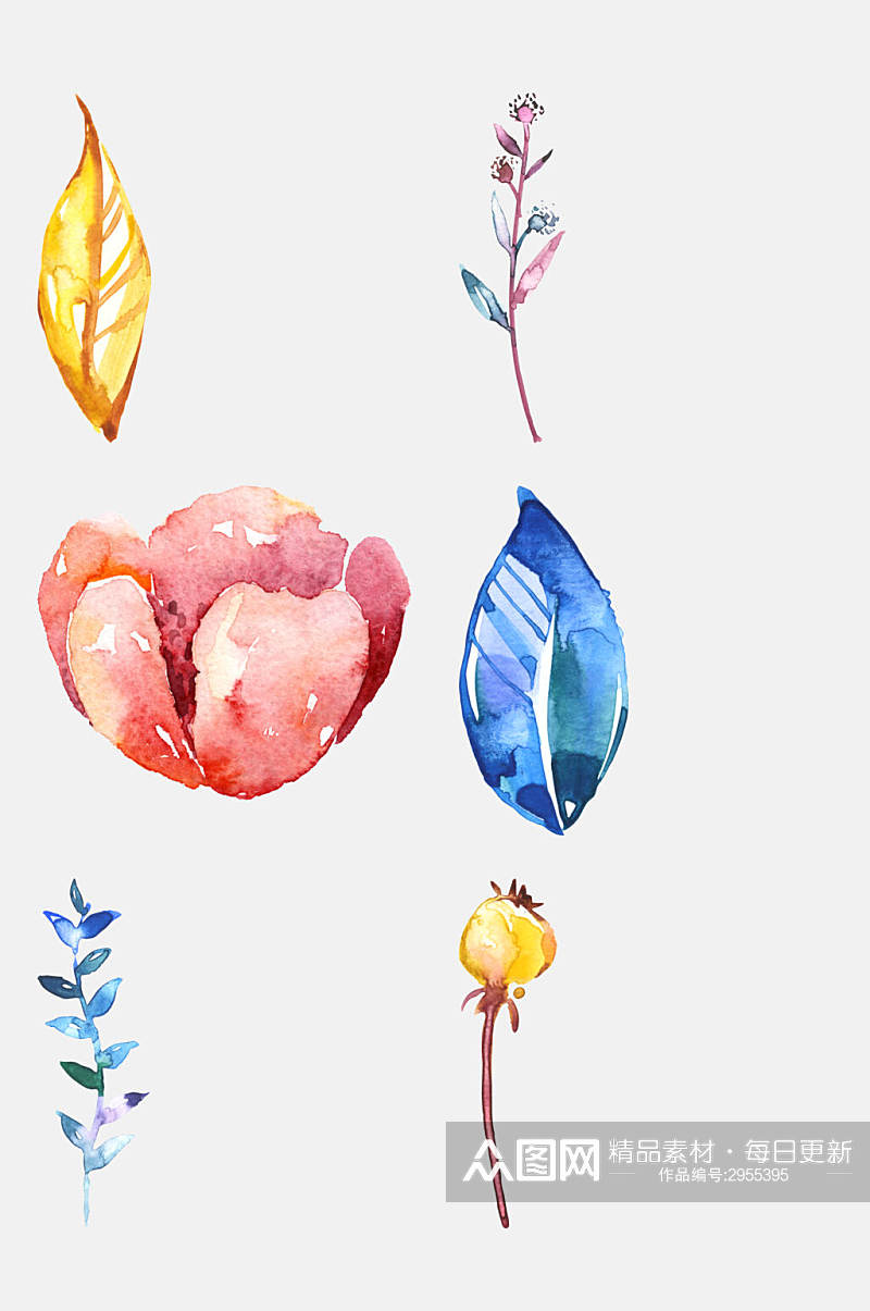 清新唯美水彩手绘花卉植物免抠素材素材