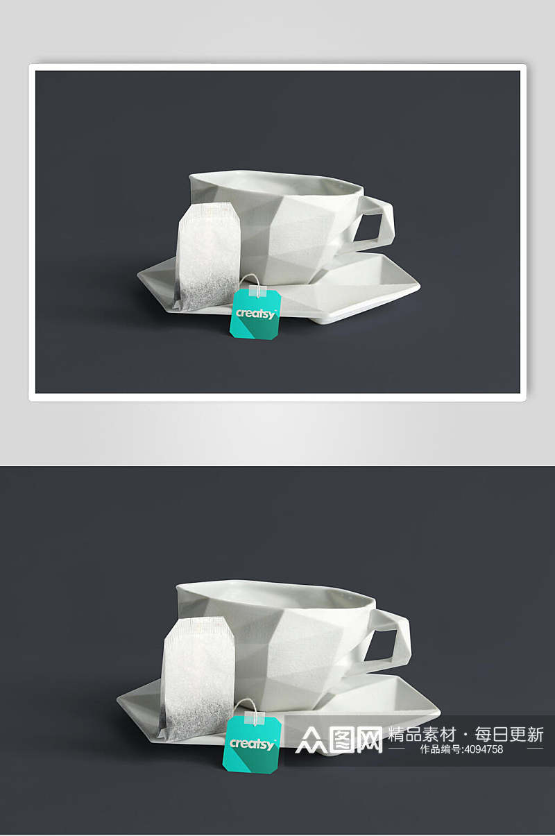 茶杯吊瓶盘子白色茶包包装设计样机素材