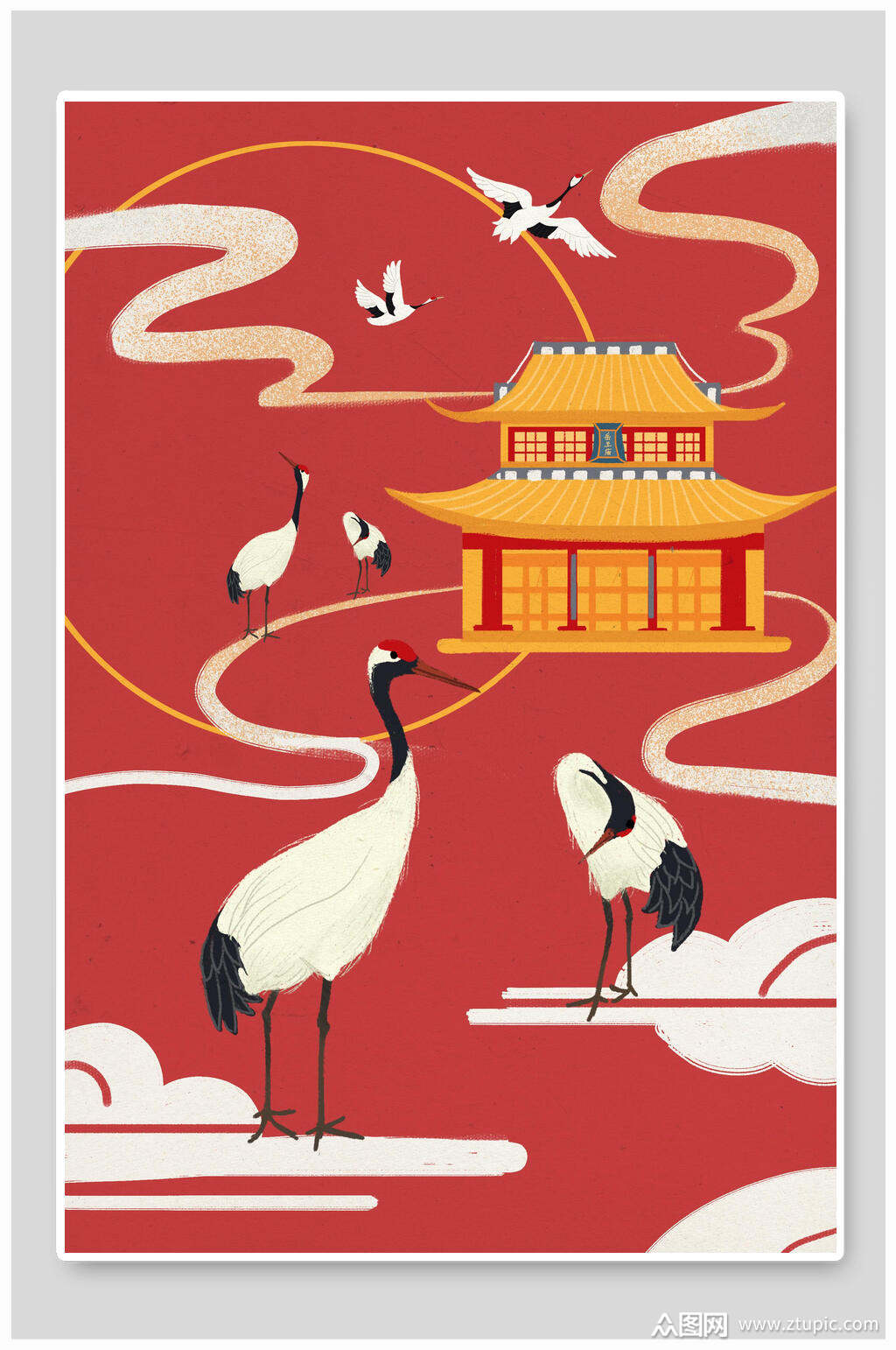 仙鹤红色高端大气简约古风国潮插画素材
