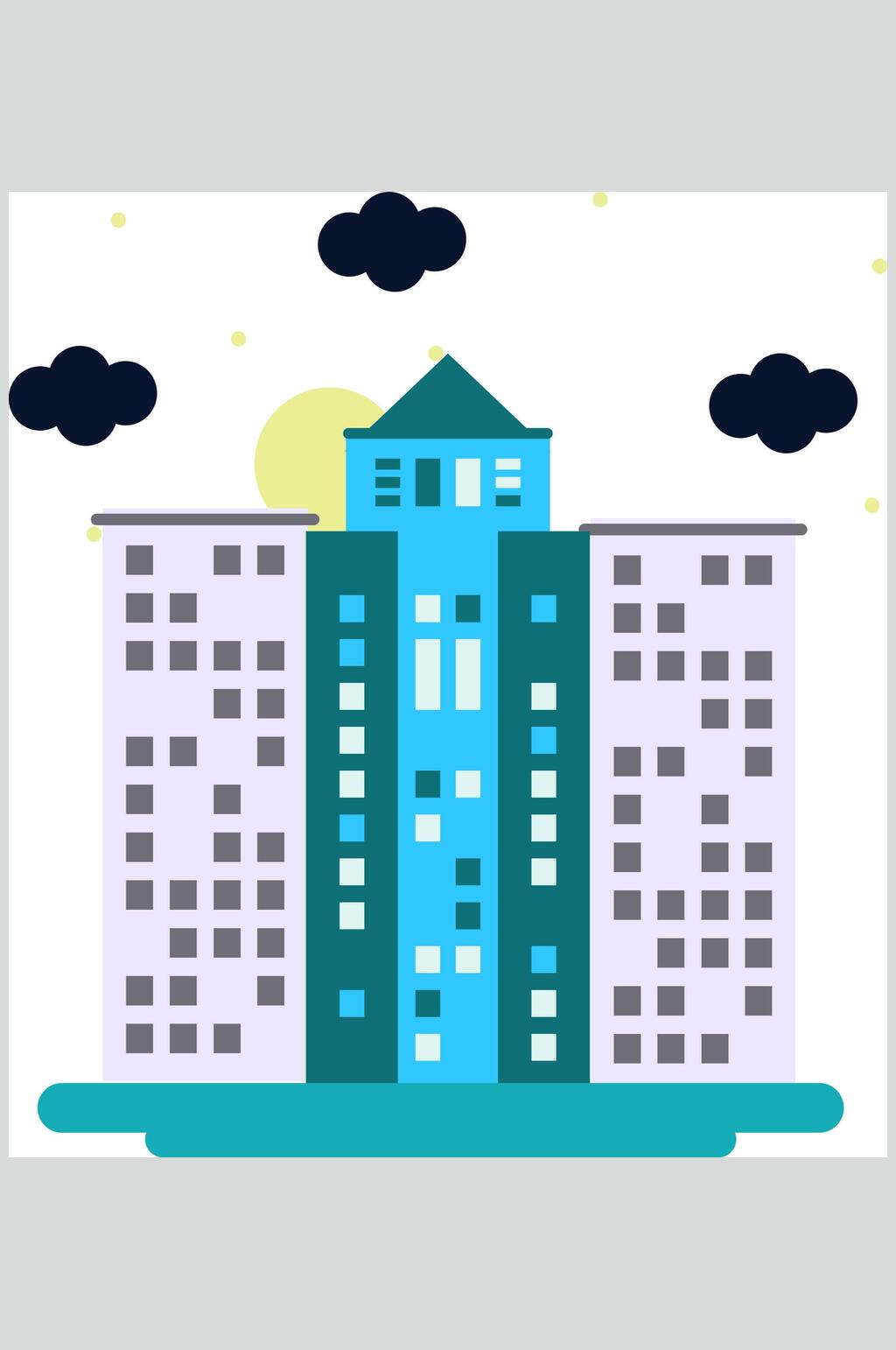 云朵大气扁平化城市建筑插画矢量素材素材