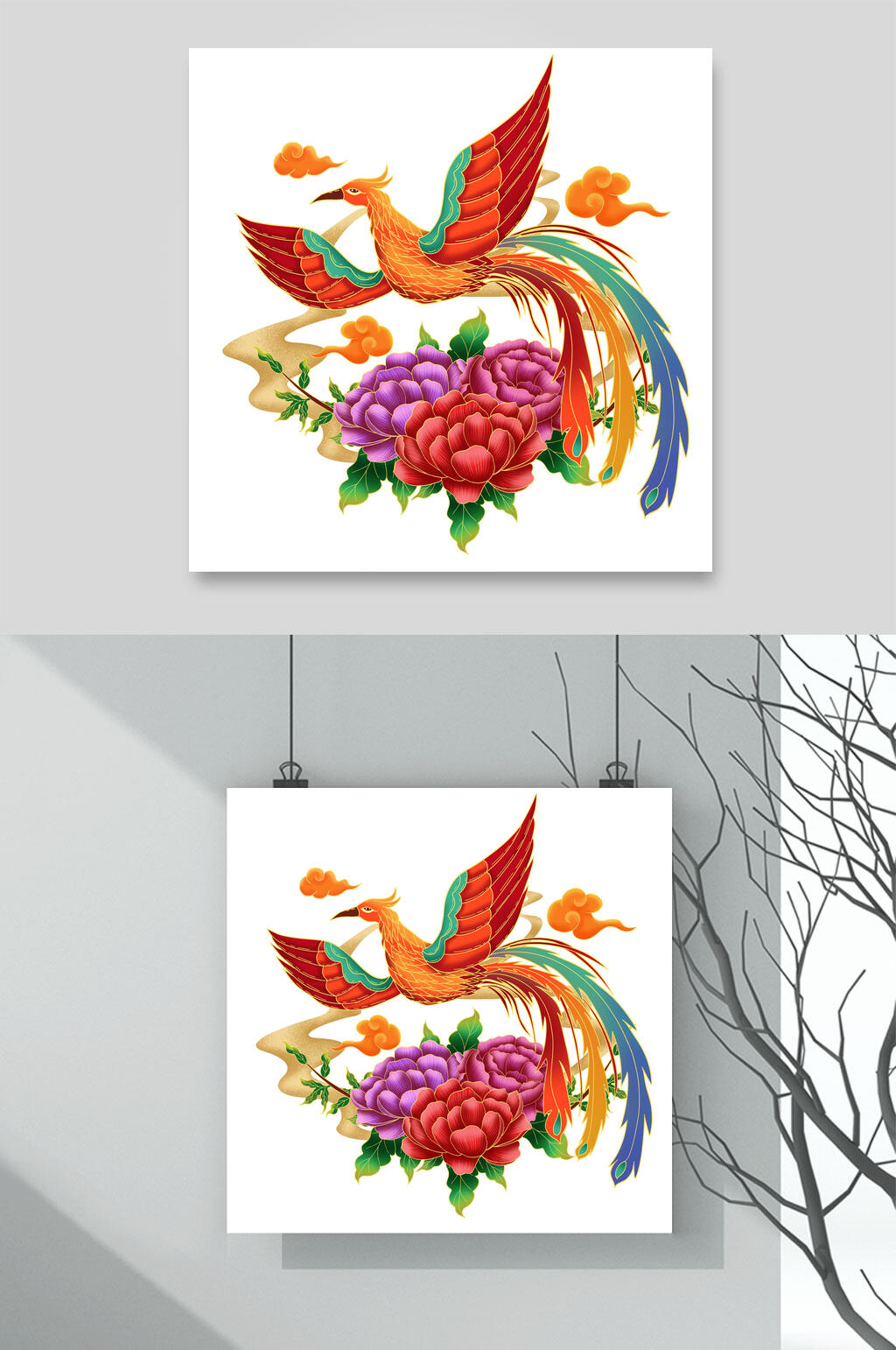 古典节约花卉祥云传统凤凰纹样素材素材