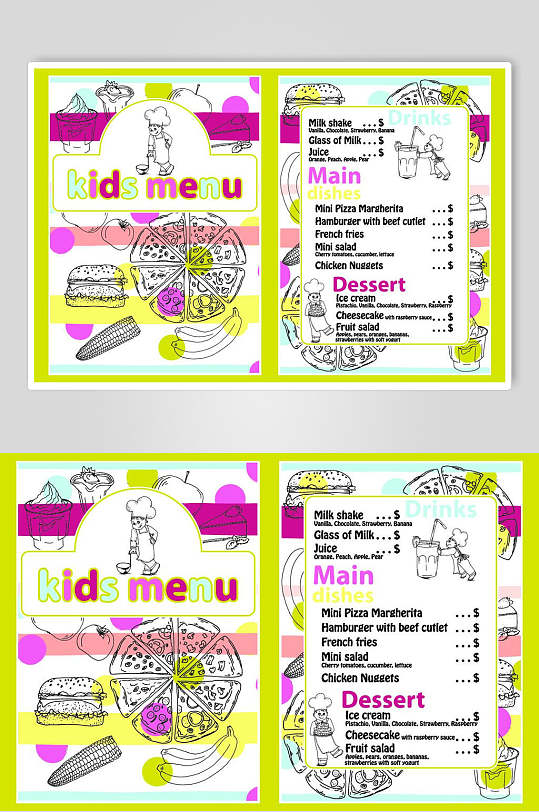 儿童餐厅美食英文菜单谱矢量素材美式欧式漫画卡通绘画小清新插画