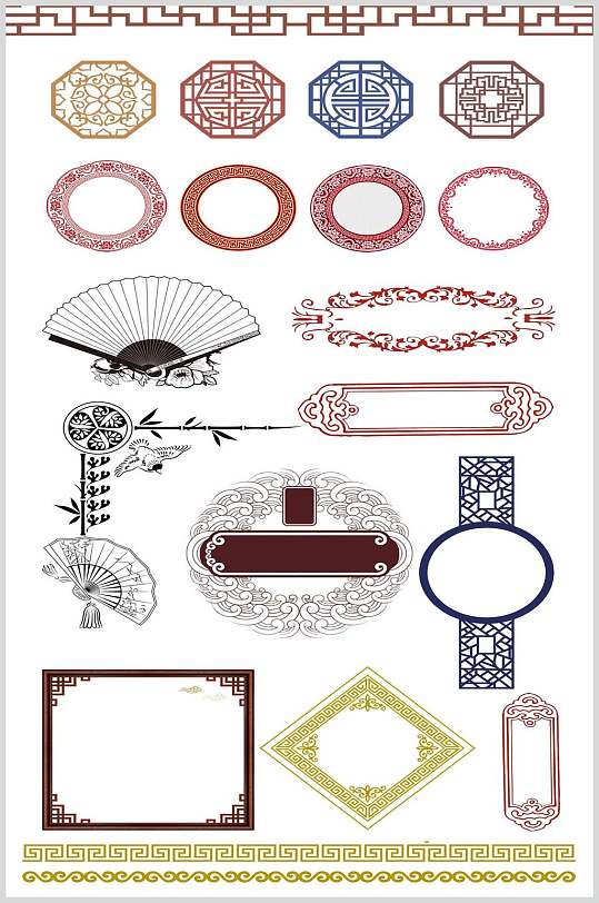 暖色框圆扇式古典中式花纹素材