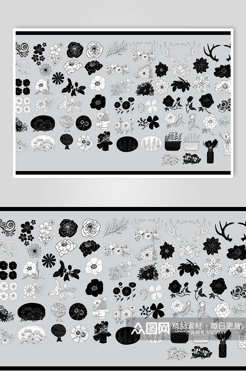 黑灰动物花卉纹样矢量素材素材