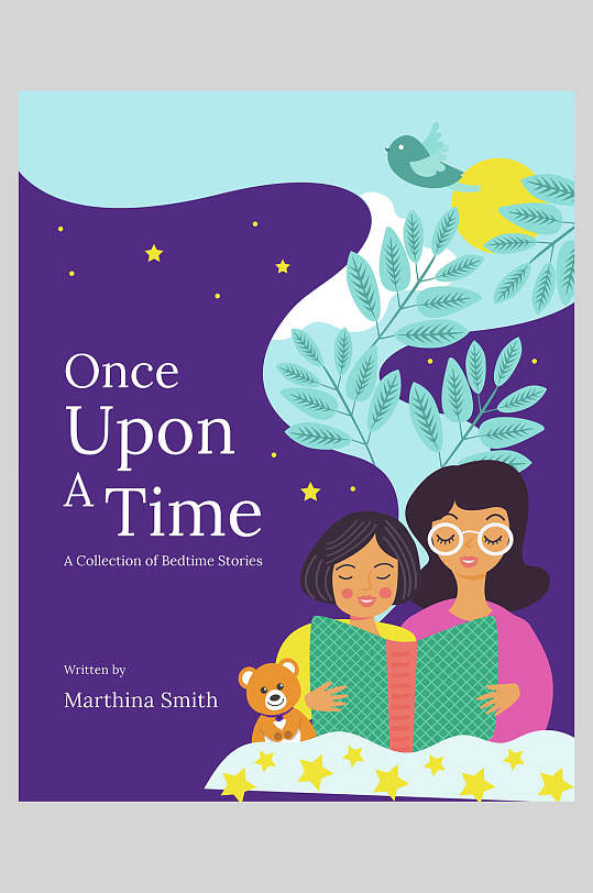 英文时尚紫绿清新手绘绘本封面海报