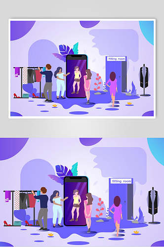 紫色衣服店电商半立体插画场景矢量素材