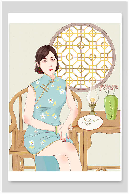 黄色唯美创意高端古典旗袍女子插画