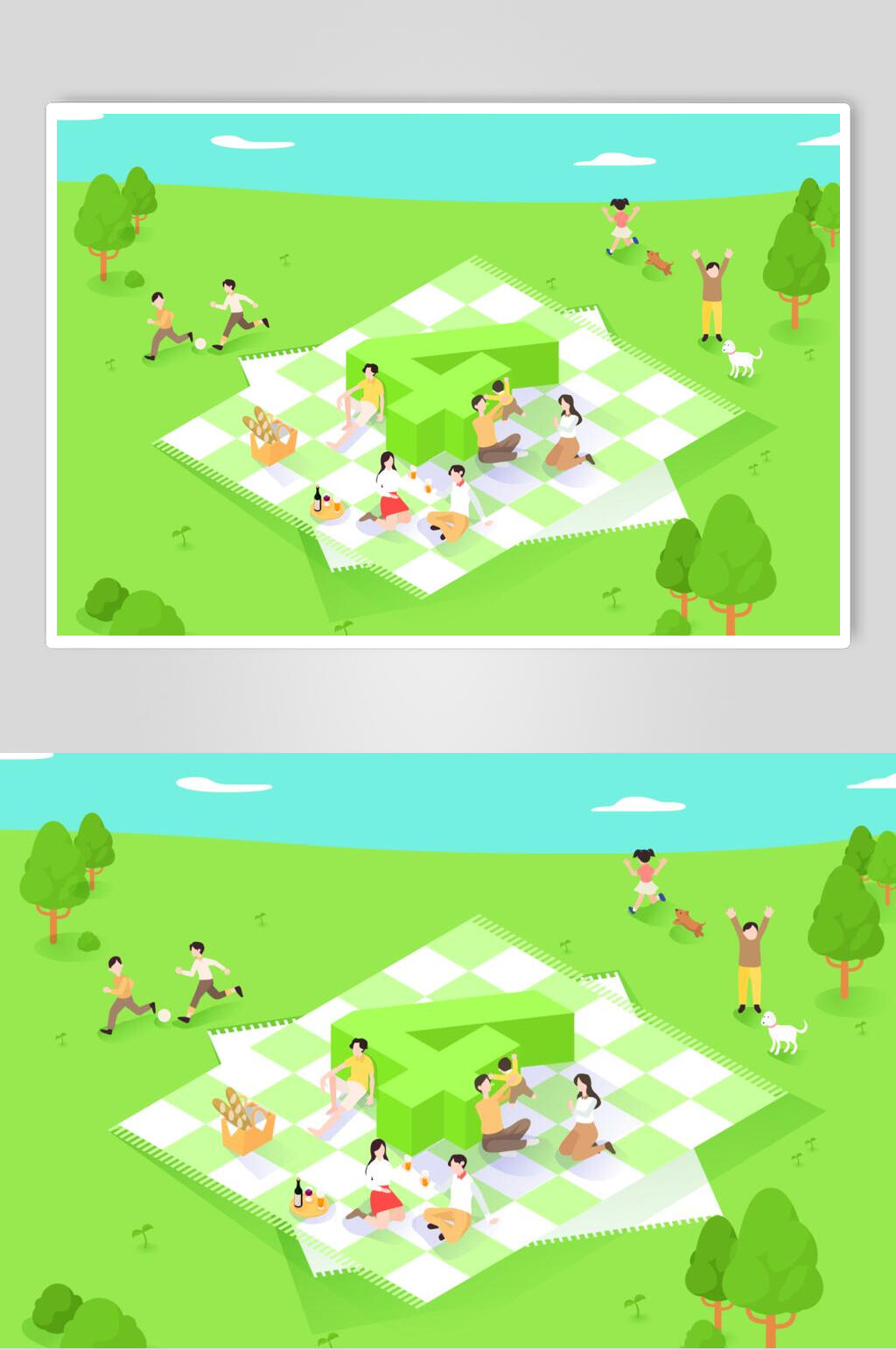 绿色4人物游玩场景插画矢量素材素材