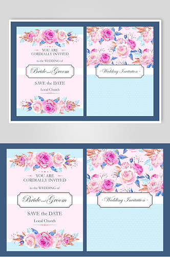 粉蓝色唯美森系风水彩花卉婚礼卡片背景矢量素材