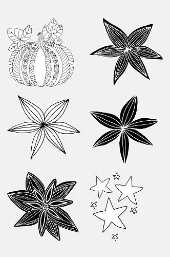 黑白手绘精美花卉植物纹样免抠素材