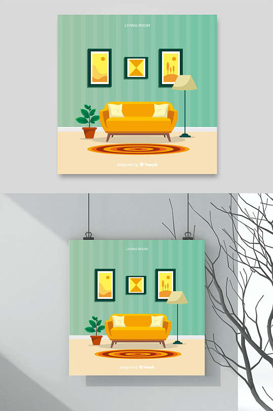 创意扁平化室内家具场景插画矢量素材