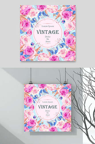 粉蓝色淡雅唯美森系风水彩花卉婚礼卡片背景矢量设计素材