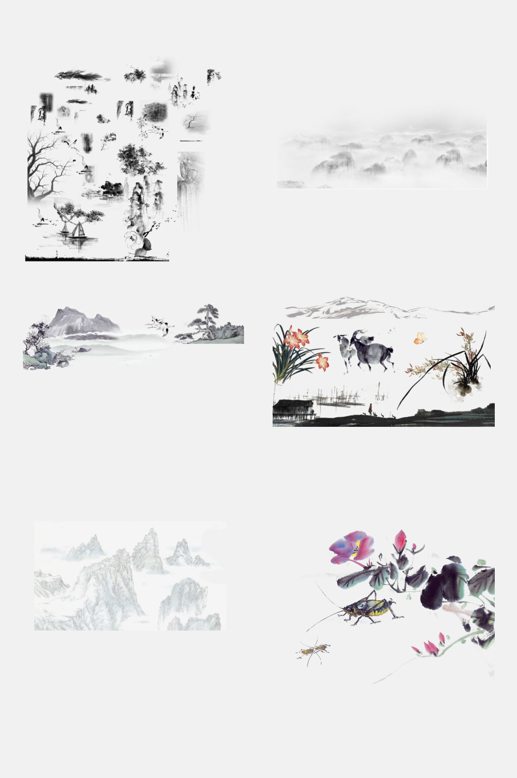 时尚水墨荷花山水图案免抠元素素材素材