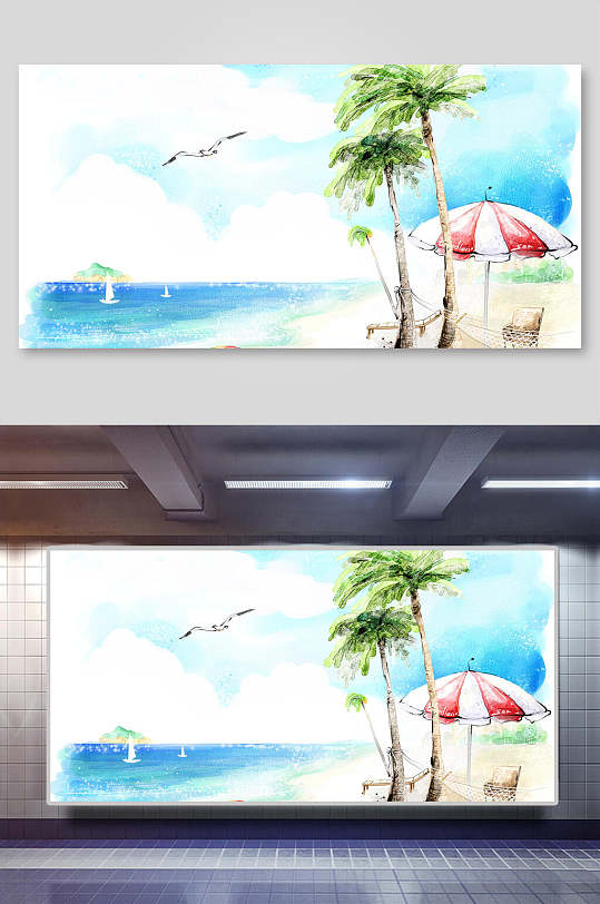 时尚沙滩创意高端简约手绘风景插画