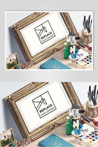 几何图形颜料画笔相框海报插画样机