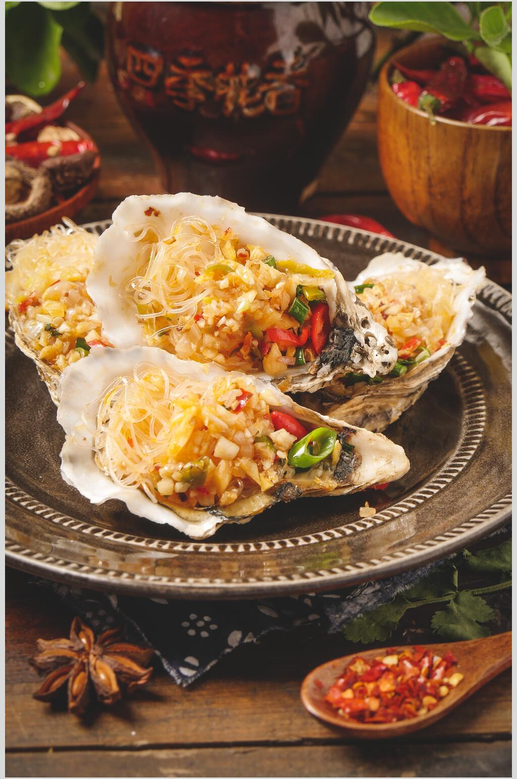 香辣美味餐饮食物烤生蚝摄影图素材