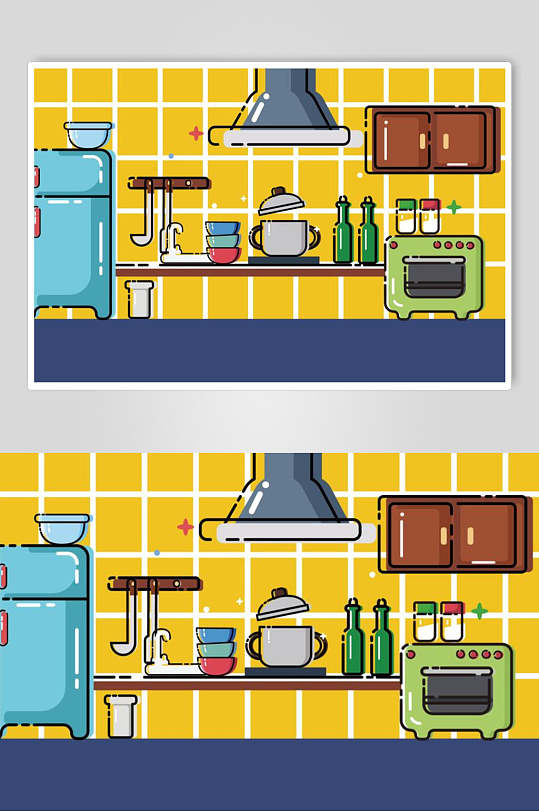 手绘彩色厨房做饭扁平化插画矢量素材