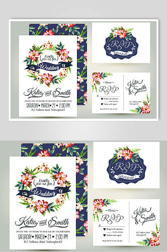 时尚唯美森系风水彩花卉婚礼卡片背景矢量设计素材