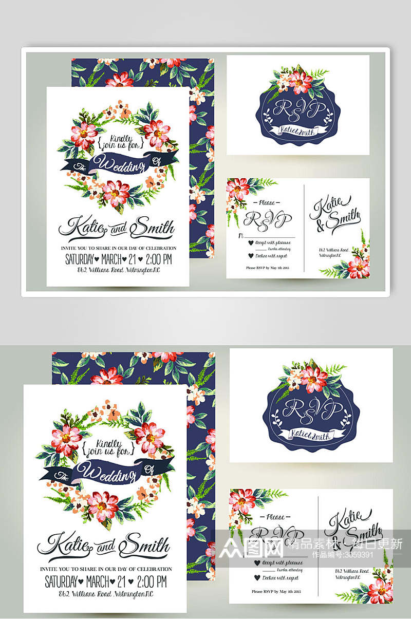 时尚唯美森系风水彩花卉婚礼卡片背景矢量设计素材素材