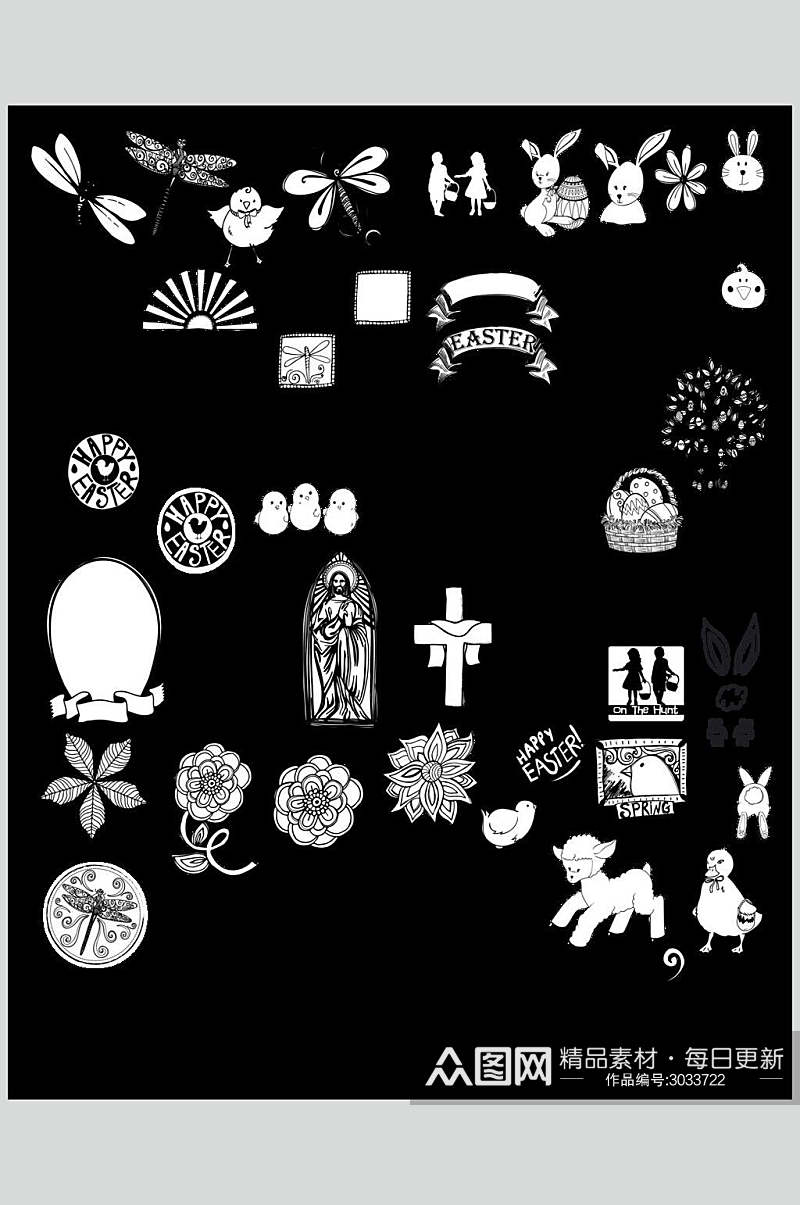 简约黑白动物花卉纹样矢量素材素材