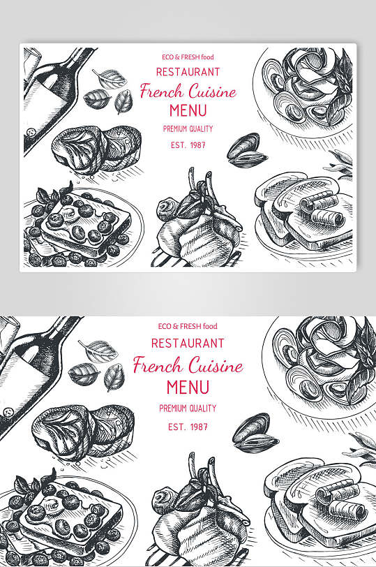 中华美食西餐厅手绘英文矢量素材