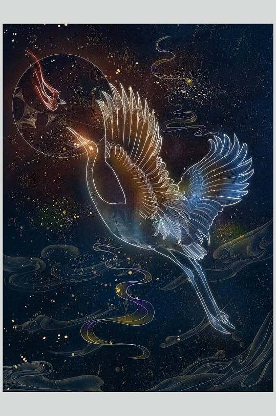 鹤舞九天国潮中国风插画素材水墨画