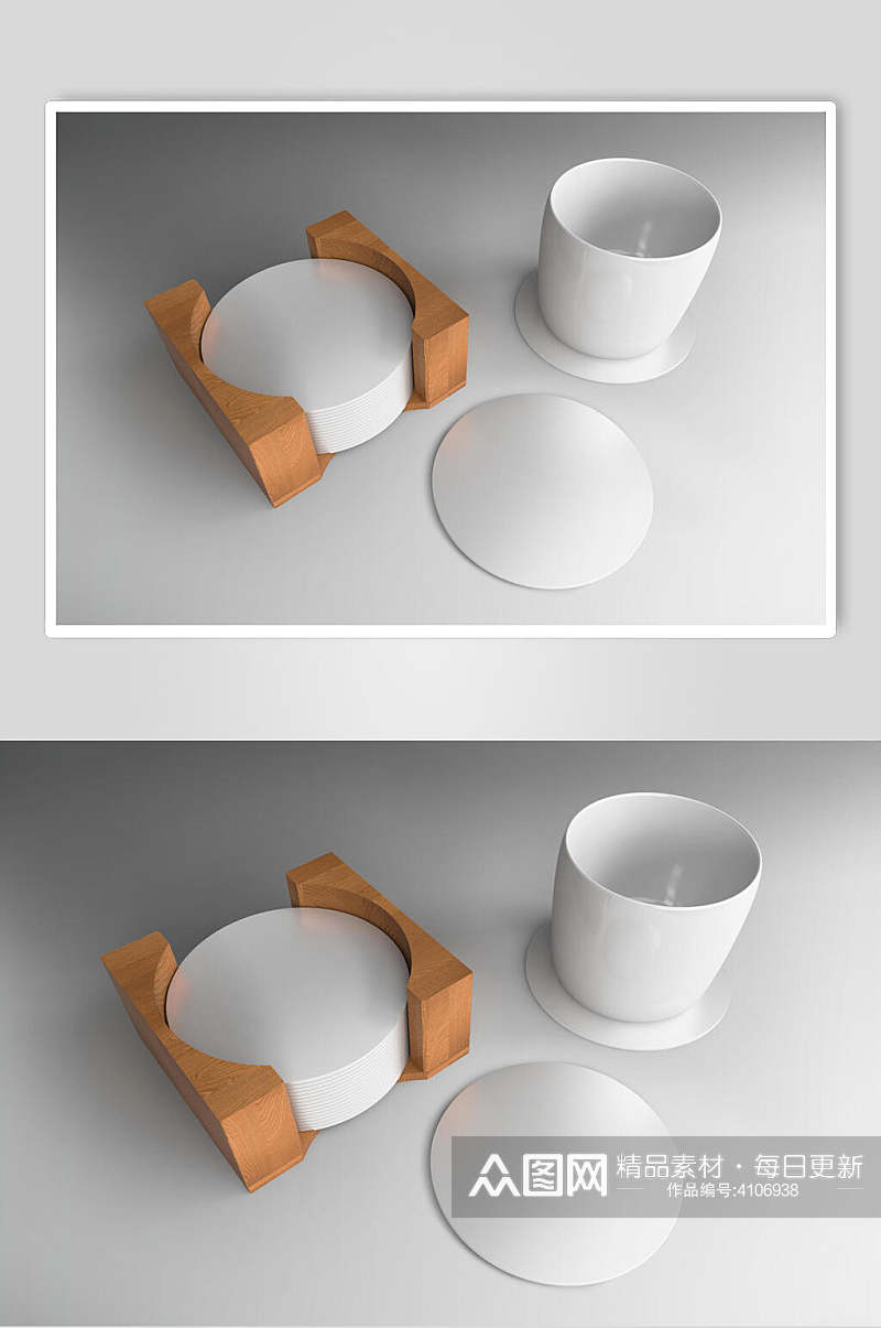木头瓷茶杯阴影浅棕色杯垫贴图样机素材