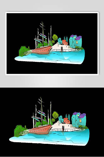 渔船城市建筑自然风光插画矢量素材