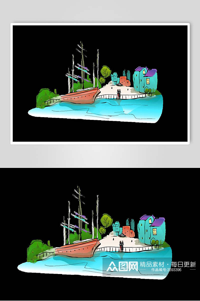 渔船城市建筑自然风光插画矢量素材素材