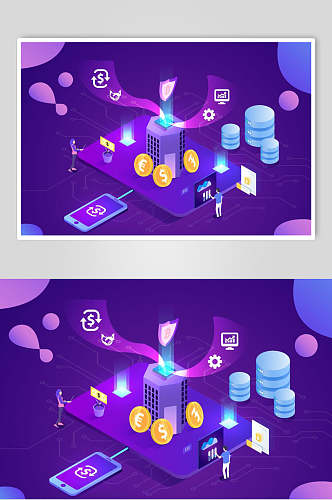 蓝紫色电商半立体插画场景矢量设计素材