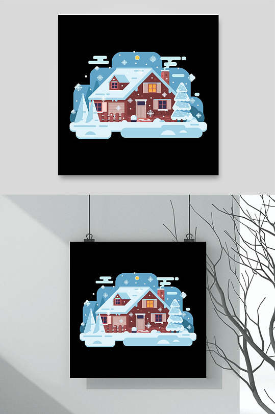 雪景冬季小屋插画矢量素材