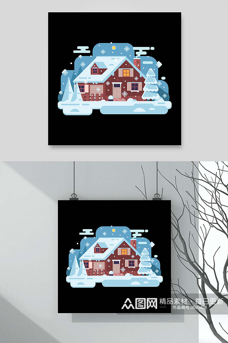雪景冬季小屋插画矢量素材素材