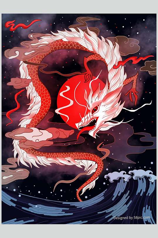 国潮龙红日大海插画素材