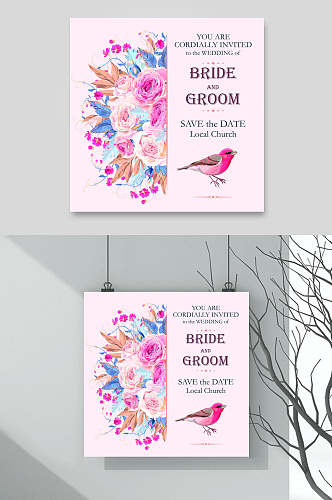 粉色唯美森系风水彩花卉婚礼卡片背景矢量素材