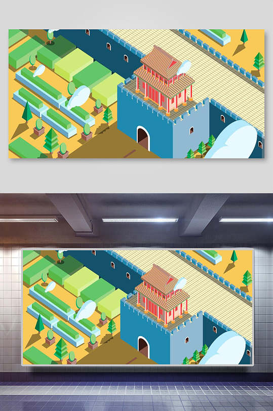 时尚彩色立体创意高端古建筑插画