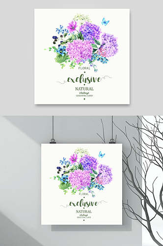 白底唯美森系风水彩花卉婚礼卡片背景矢量设计素材