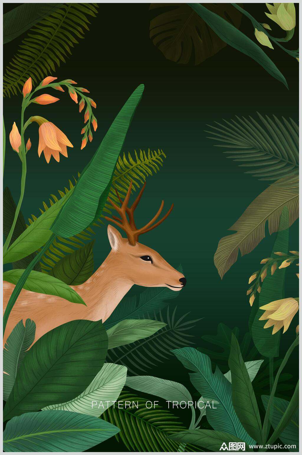 小清新麋鹿花卉动植物插画素材素材