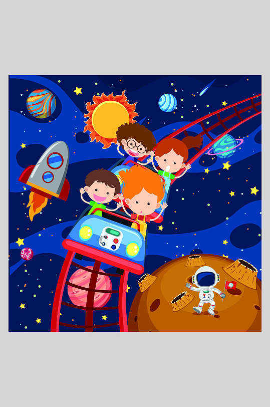 卡通可爱创意蓝太空宇宙宇航员插画