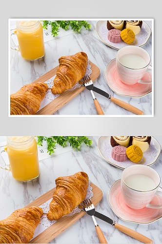 牛角包橙汁烘焙面包美食摄影图片