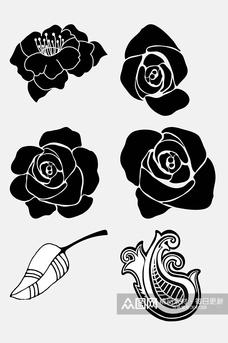 黑色黑白花朵纹样免抠素材素材