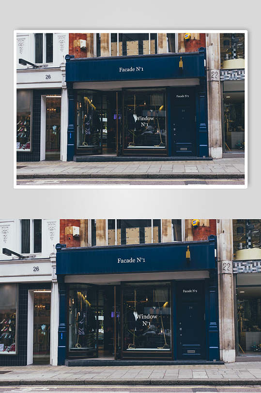 玻璃门窗楼层大气蓝色店铺招牌样机