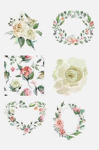 唯美仙鹤玫瑰水彩手绘花卉植物免抠设计素材