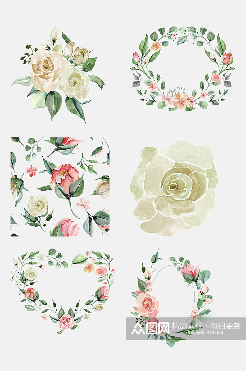 唯美仙鹤玫瑰水彩手绘花卉植物免抠设计素材素材