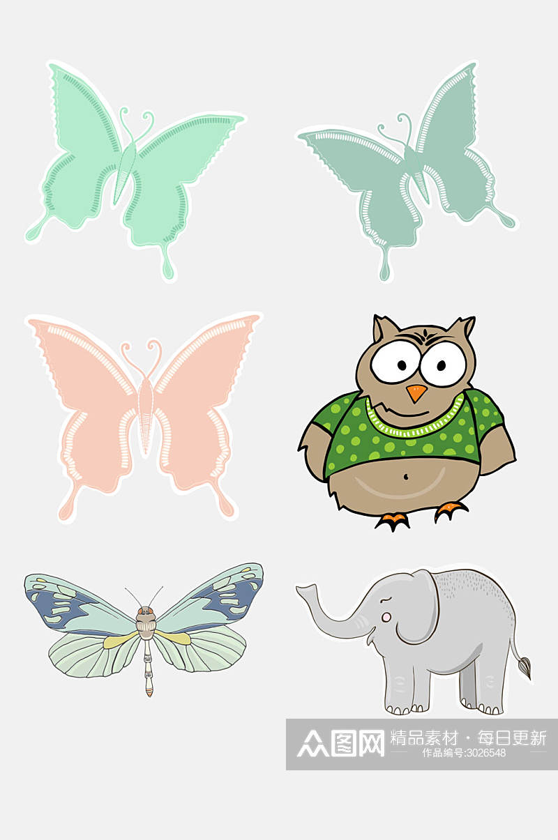 卡通蝴蝶大象动物昆虫免抠素材素材