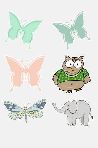 卡通蝴蝶大象动物昆虫免抠素材