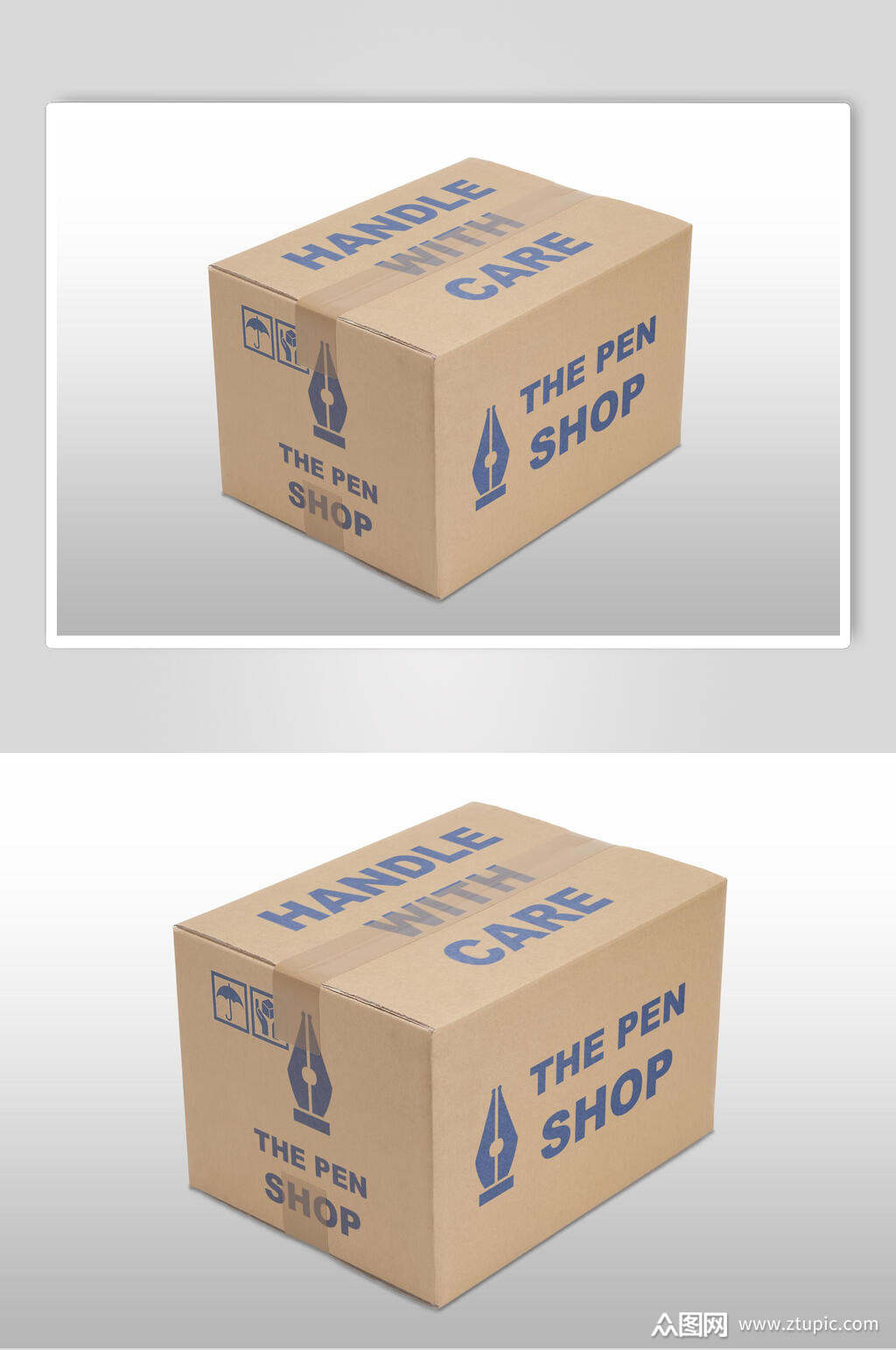 钢笔头图案英文字母蓝色包装箱样机素材