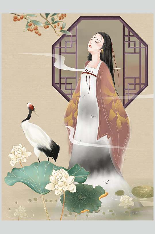 国潮中国风女子仙鹤插画素材水墨画