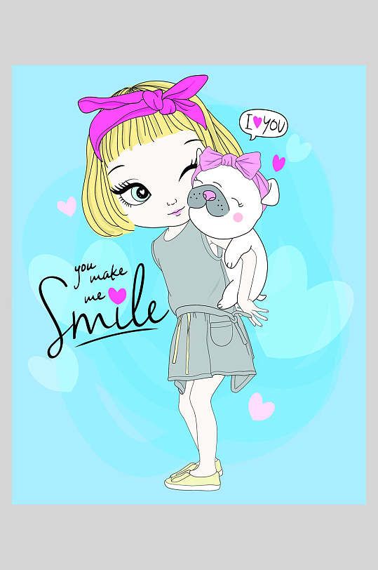 猫咪手绘创意高端大气蓝色女孩插画